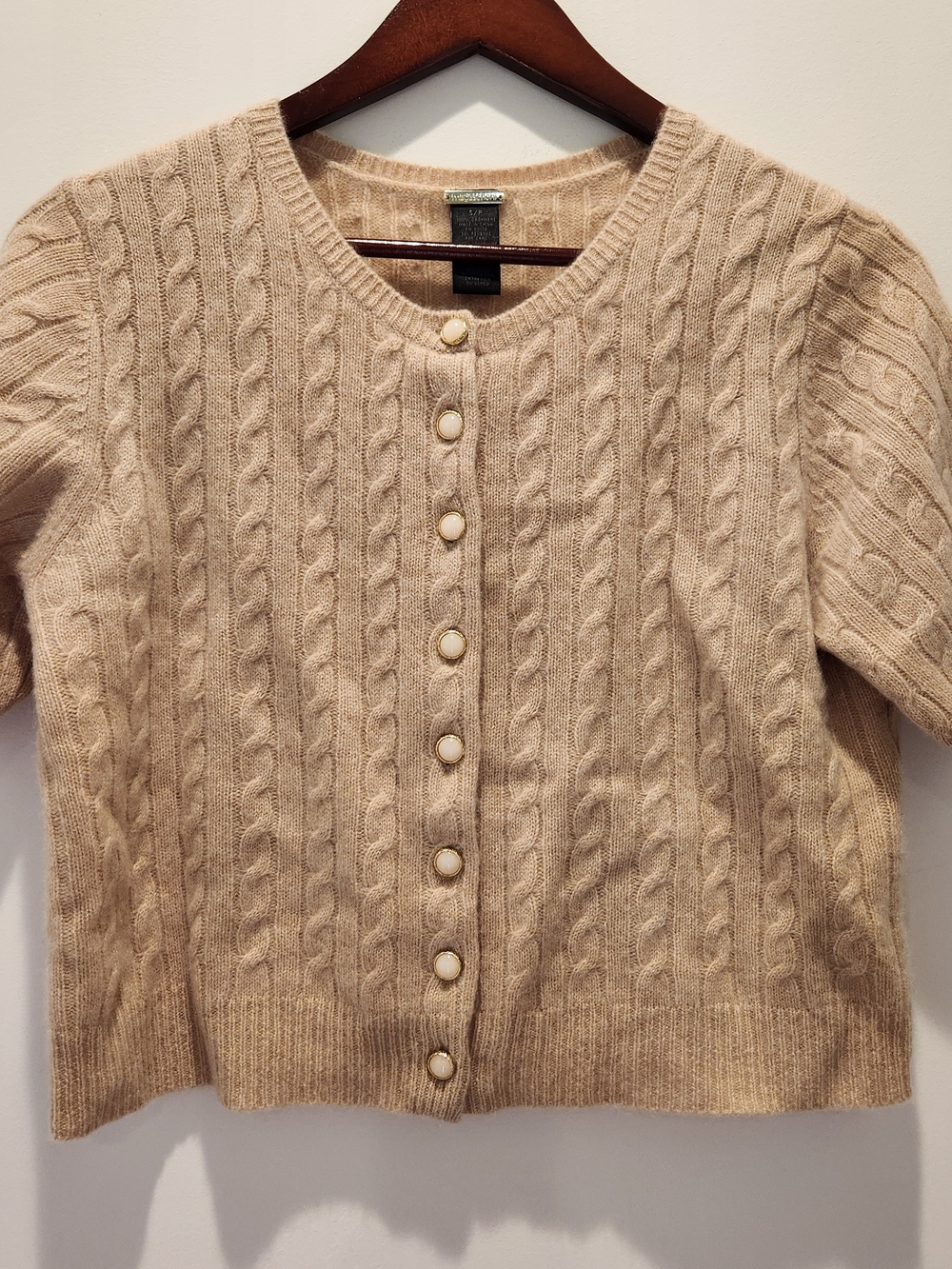 Magaschoni Tan Cable-Knit Cashmere Short-Sleeve Cropped Cardigan
